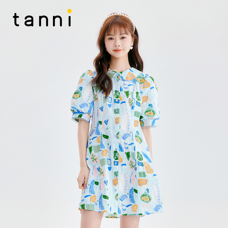 tanni气质小A版翻领泡泡袖连衣裙