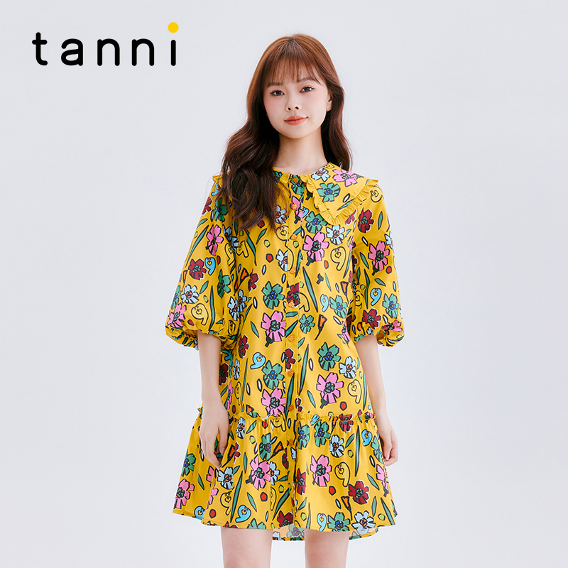 tanni复古风娃娃领泡泡袖连衣裙