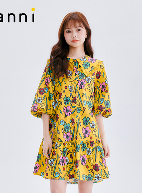 tanni爆款追加春夏新款复古风娃娃领泡泡袖连衣裙TO11DR900A