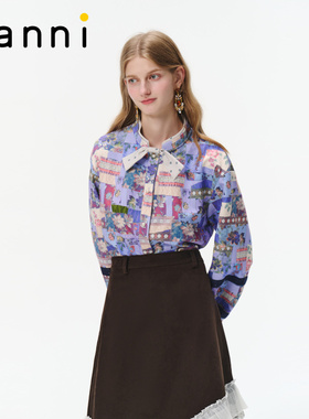 tanni2026春新款轻熟优雅风气质蝴蝶结立领印花衬衫女TO31SH151A