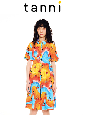 tanni新款休闲樱桃印花蝴蝶结衬衫款连衣裙TL11DR028A