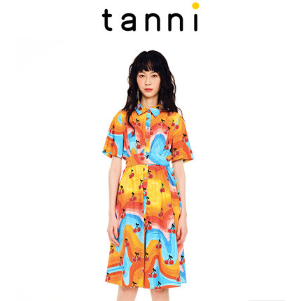 tanni新款休闲樱桃印花蝴蝶结衬衫款连衣裙TL11DR028A