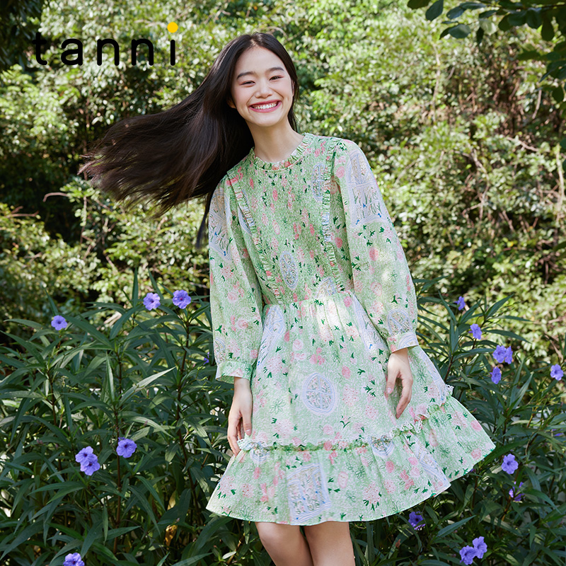 tanni田园木耳边肌理感连衣裙