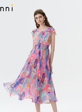 tanni25秋新款优雅气质印花司马克无袖收腰百褶连衣裙TO11DR035A