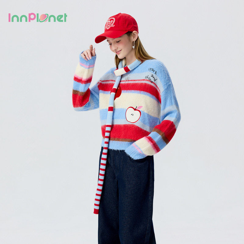 innplanet26夏季新款甜美复古少女彩色条纹毛衣针织衫PP11KN011A