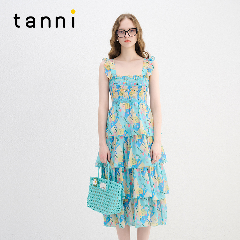 tanni度假风飞飞袖吊带连衣裙