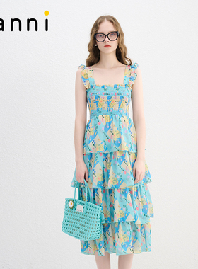 tanni异域风情度假风司马克飞飞袖吊带连衣裙TN11DR124A