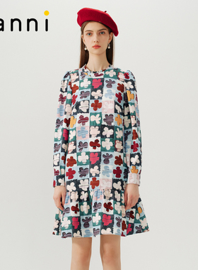 tanni25秋款百搭A字浪漫优雅幸运草印花长袖连衣裙TN31DR089A