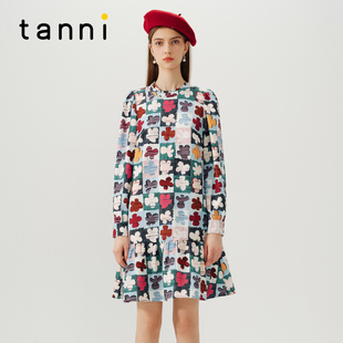 tanni25秋款 连衣裙TN31DR089A 百搭A字浪漫优雅幸运草印花长袖