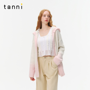 tanni25秋冬新款 TO31KN204A 温柔浪漫休闲薄雾粉渐变连帽针织开衫