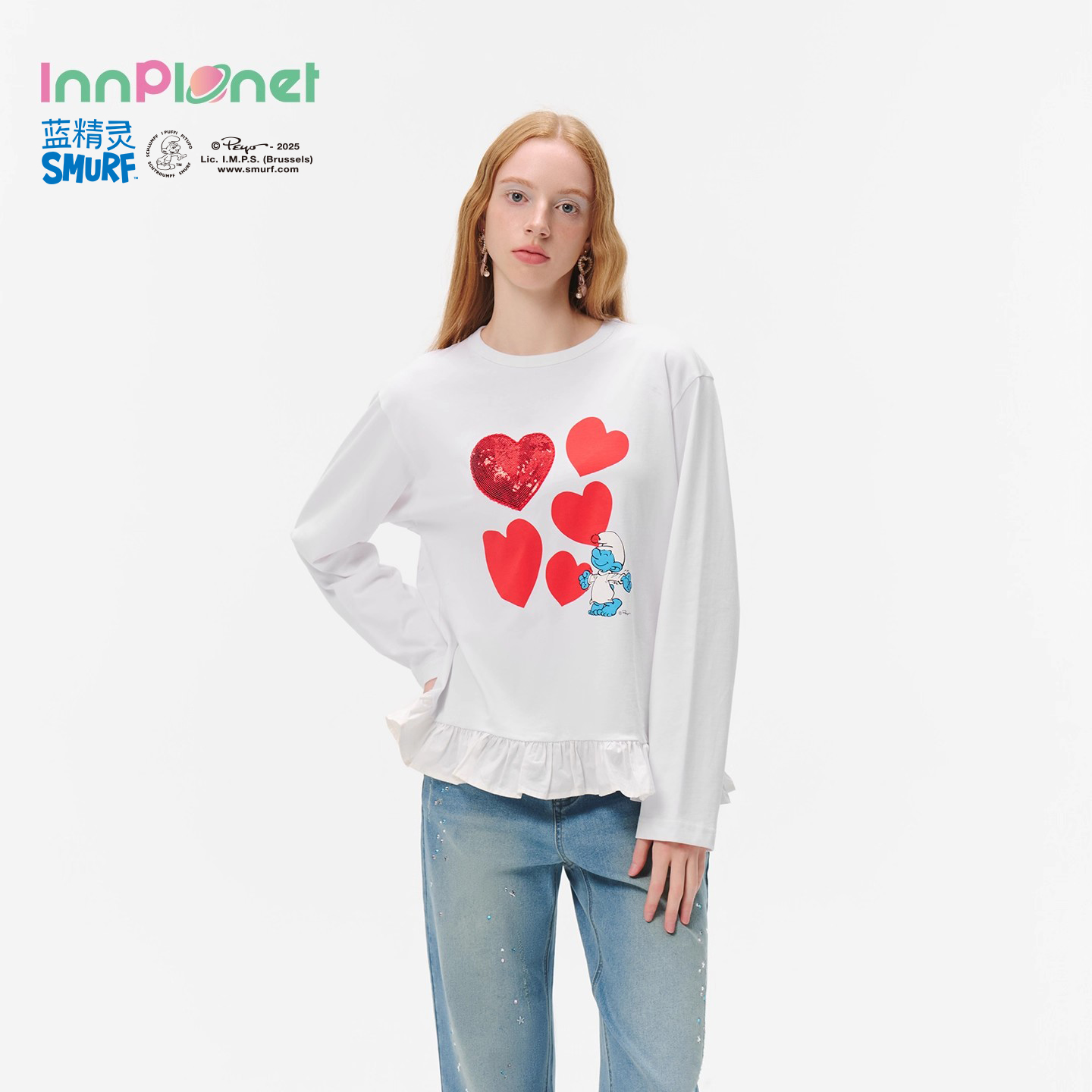 innplanet25秋冬新款蓝精灵系列全棉爱心亮片廓形T恤PO31TS821A