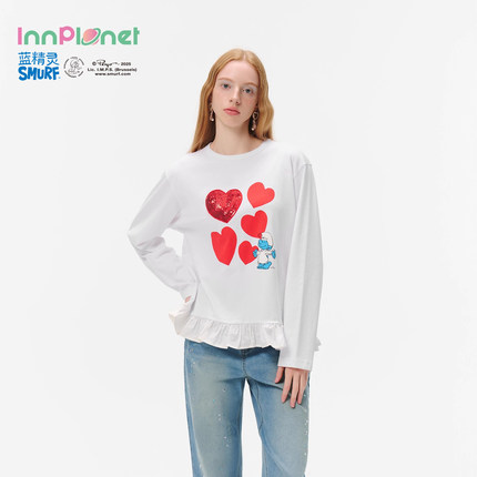 innplanet25秋冬新款蓝精灵系列全棉爱心亮片廓形T恤PO31TS821A
