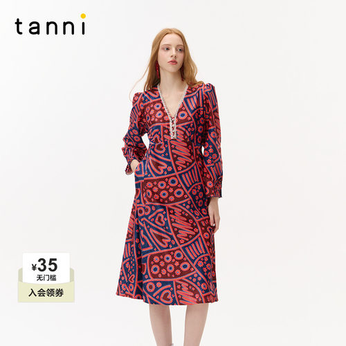 tanni优雅气质红色节日氛围高腰显瘦V领长袖印花连衣裙TO31DR011A