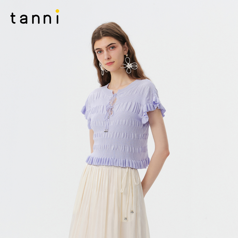 tanni温柔荷叶边显瘦短款针织衫