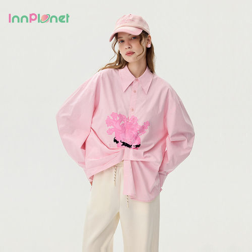 innplanet26秋新款设计感oversize纯棉长袖绑结衬衫印花衬衫上衣