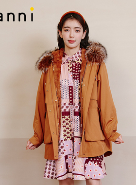tanni商场同款棕色宽松显瘦兔毛皮派克服连帽外套TL31FU001A
