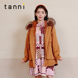 tanni商场同款 棕色宽松显瘦兔毛皮派克服连帽外套TL31FU001A