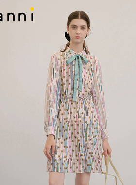 tanni新款通勤度假休闲衬衫领X版型收腰连衣裙TM31DR033A