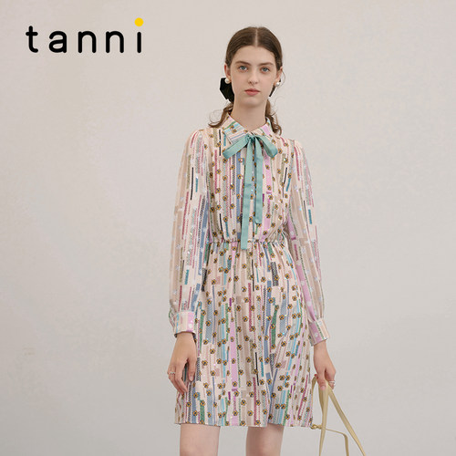 tanni通勤度假衬衫领收腰连衣裙