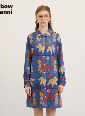 tanni复古优雅法式经典A版像素风印花长袖衬衫连衣裙RM31DR005A