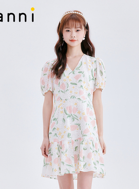 tanni新款少女气质郁金香泡泡袖连衣裙女TM11DR622A