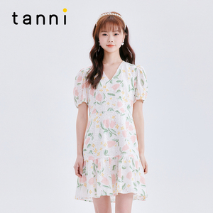 tanni新款少女气质郁金香泡泡袖连衣裙女TM11DR622A