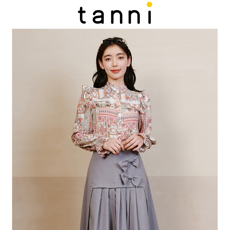 tanni新品复古印花H版木耳边舒适百搭长袖衬衣TL31SH600A