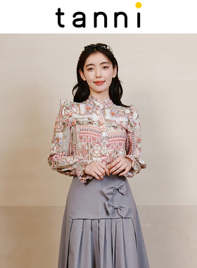 tanni秋冬新品复古印花H版木耳边舒适百搭长袖衬衣TL31SH600A
