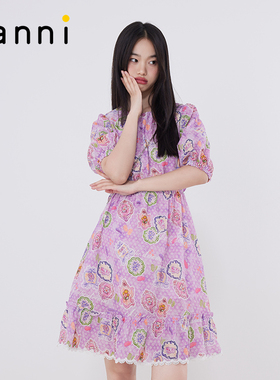 tanni春夏新款减龄少女松紧露腰中长款印花连衣裙女TM11DR096A