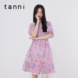 tanni春夏新款 印花连衣裙女TM11DR096A 减龄少女松紧露腰中长款