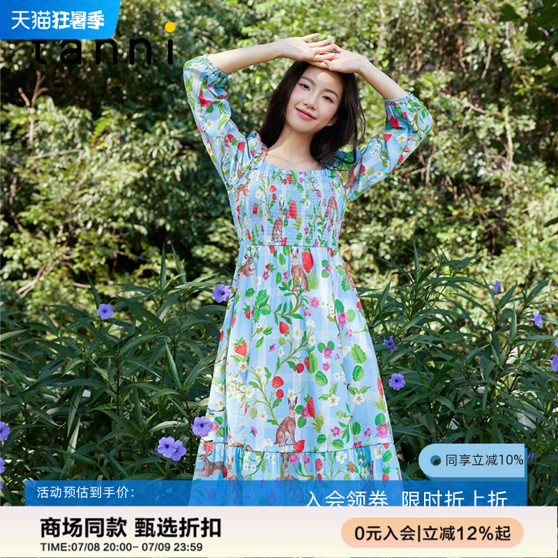 tanni宽松度假休闲X版方领连衣裙