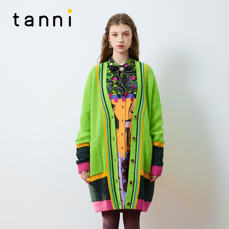 tanni撞色趣味涂鸦中长款针织衫