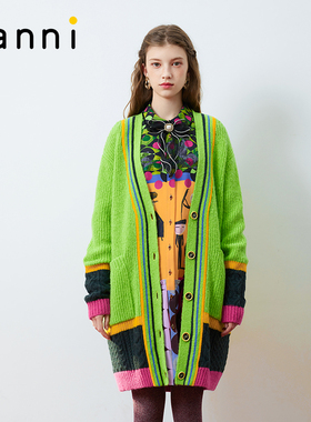 tanni新款撞色趣味涂鸦提花中长款针织开衫TM31KN080A
