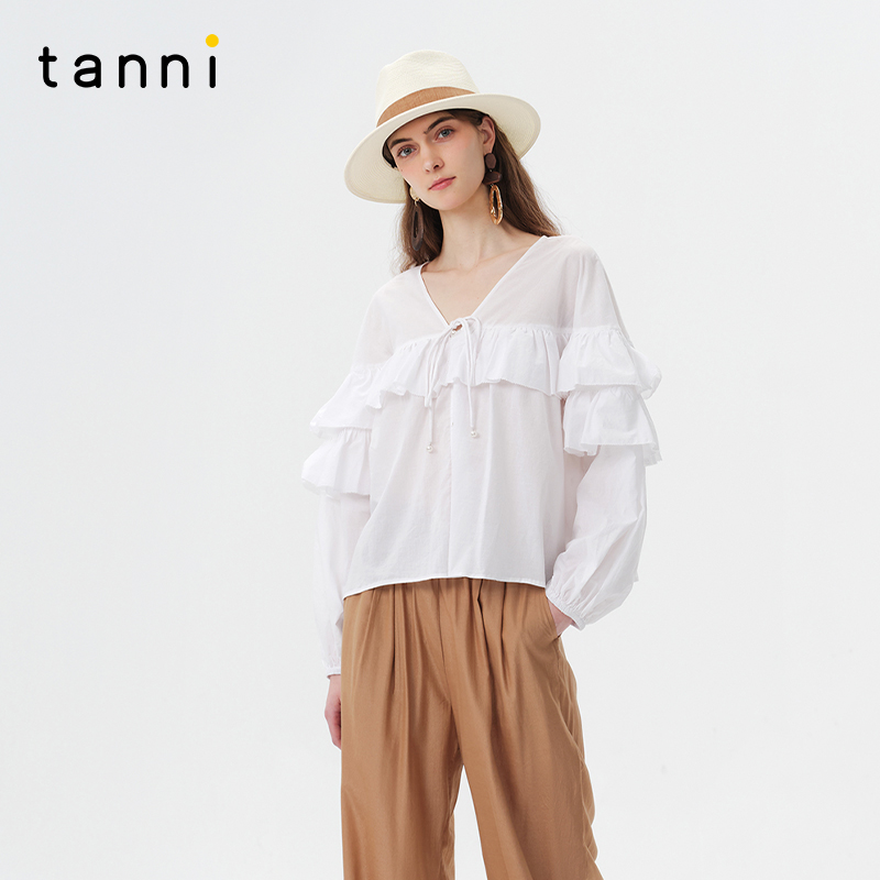 tanni淡人白色荷叶边长袖上衣