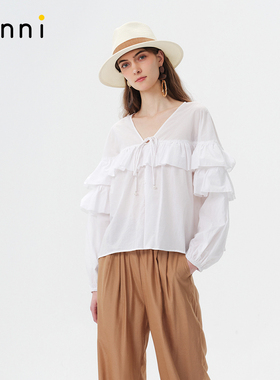 tanni25夏新款淡人温柔白色百搭荷叶边长袖上衣TO11BL022A