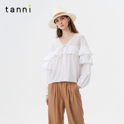 tanni淡人白色荷叶边长袖上衣