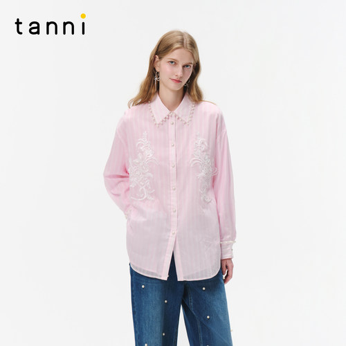 tanni新款简约优雅仿珍珠花边领宽松航海条纹衬衫上衣TO31SH018B