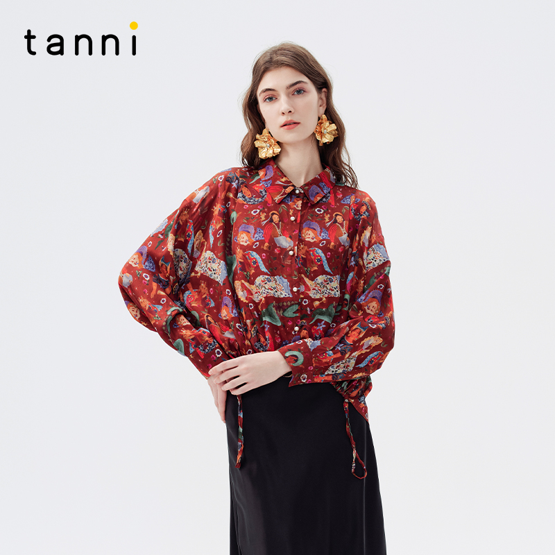 tanni印花抽绳设计感短款衬衫