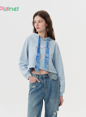 innplanet25春新款宽松甜酷风baby蓝撞色丝绒短款卫衣PO11HO012A