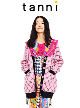 tanni商场同款菱形纹印花宽松休闲甜美中长款针织开衫TL11KN001B