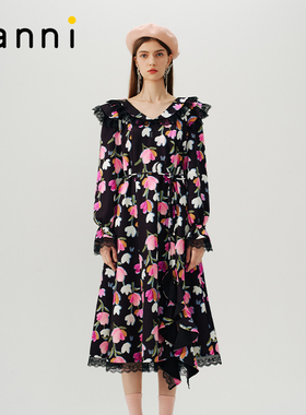 tanni新款法式复古紫玥风铃满印蕾丝长袖连衣裙TN31DR011A
