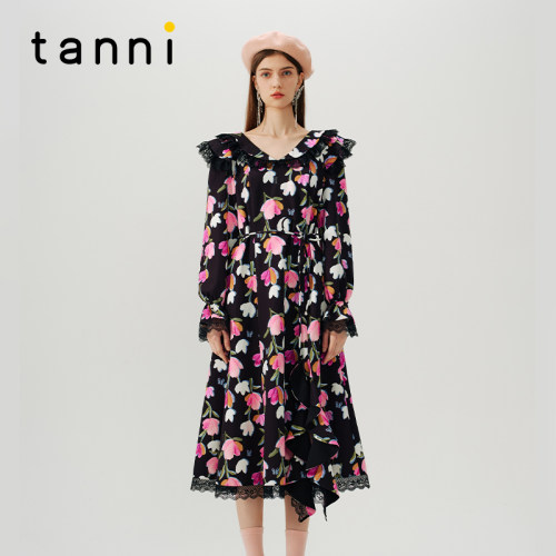 tanni法式复古优雅长袖连衣裙