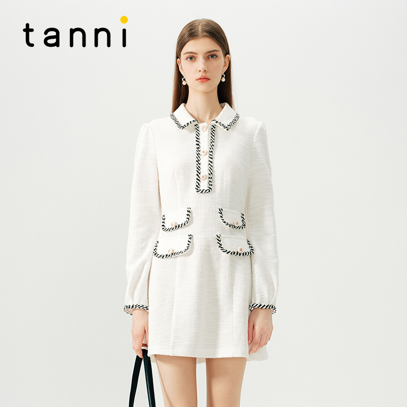 tanni高腰A型千金风小香风连衣裙