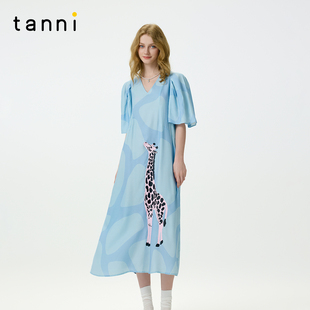 tanni早春新款 显瘦连衣裙TO11DR018B 定位印花V领项链挂饰泡泡袖