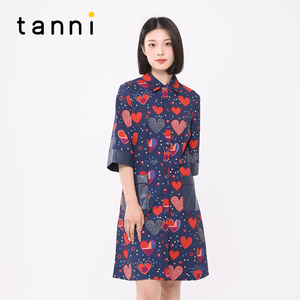 tanni新中式爱心衬衫裙polo领中长款五分袖印花连衣裙TL31DR074B