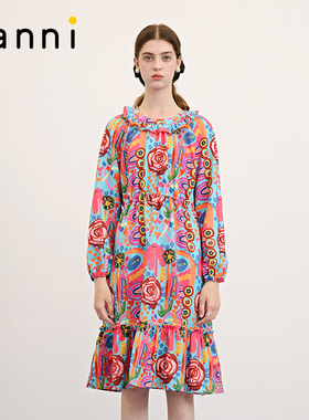 tanni新款度假休闲复古印花圆领荷叶边连衣裙TM31DR009A