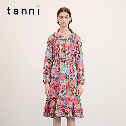 tanni复古印花圆领荷叶边连衣裙