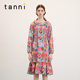 tanni新款 度假休闲复古印花圆领荷叶边连衣裙TM31DR009A