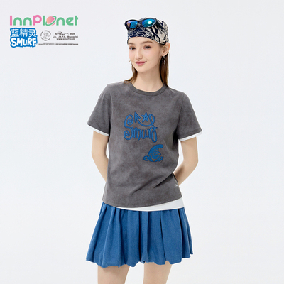 innplanet26夏新款蓝精灵联名千禧风宽松刺绣水洗灰短袖T恤上衣女
