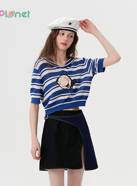 tanniinnplanet25秋新款大力水手海军领短款半袖针织衫PO11KN819A